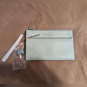 Kate Spade Mint Green Wristlet Gold-tone Sig. Mono. Front Pouch Zippered